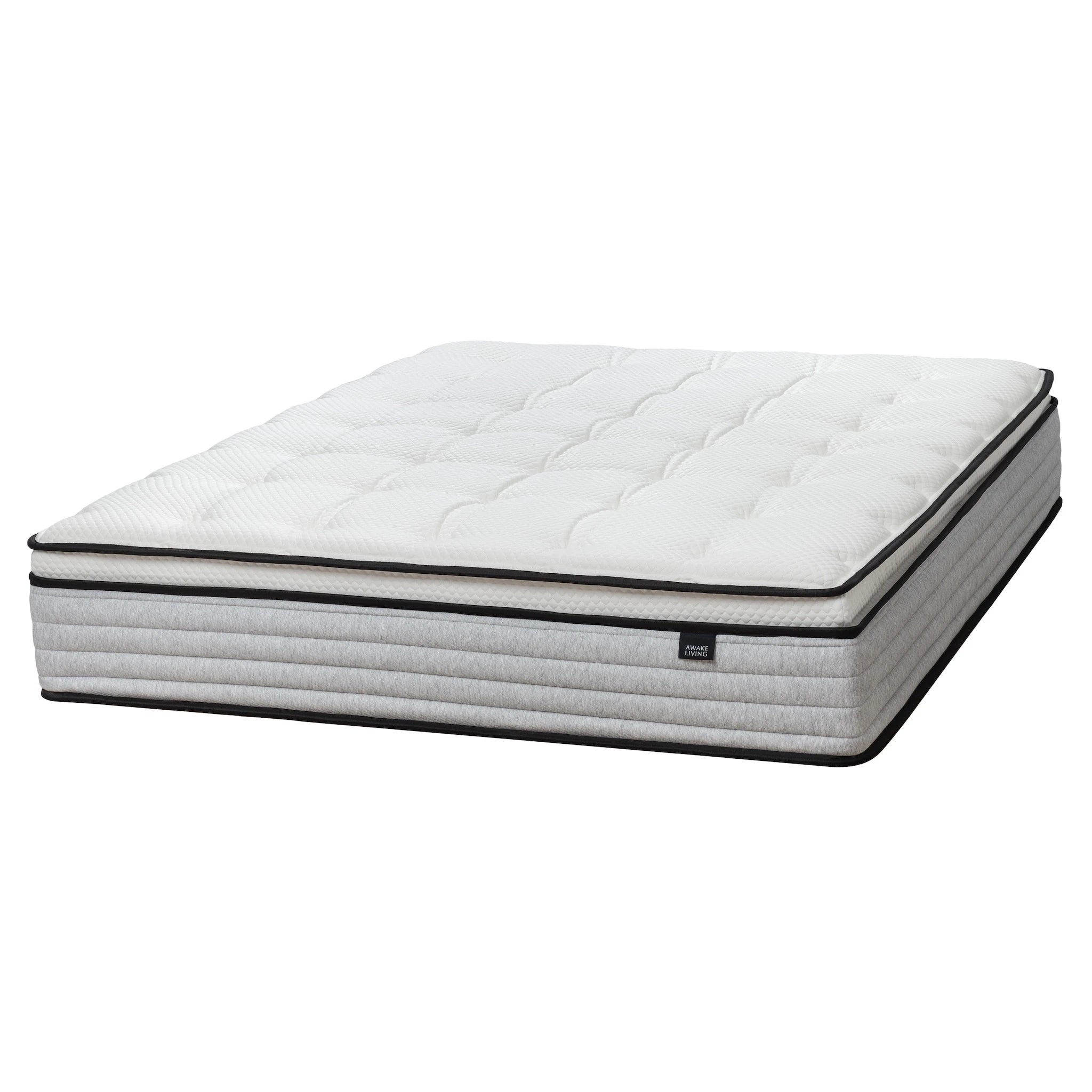 Deluxe AG 床墊的斜前視圖,完整展示其 Pillow Top 床面與灰色橫紋床側。