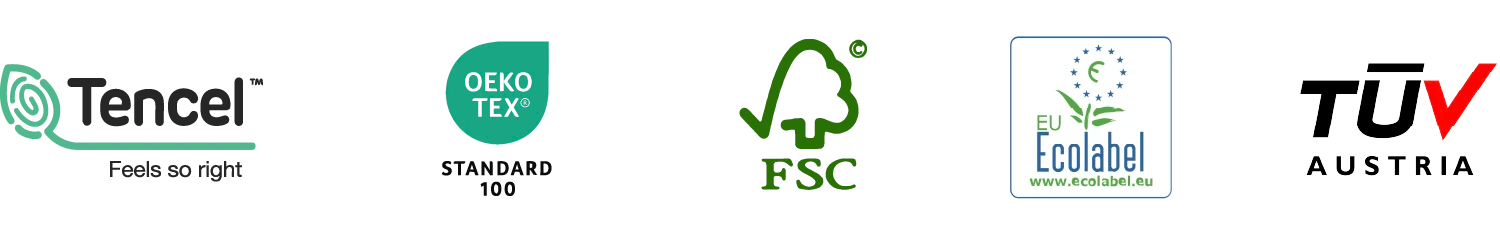 Icon - 寢具認證標籤，包涵 Tencel, OEKO TEX, FSC, Ecolabel & Tuv 等認證標示。