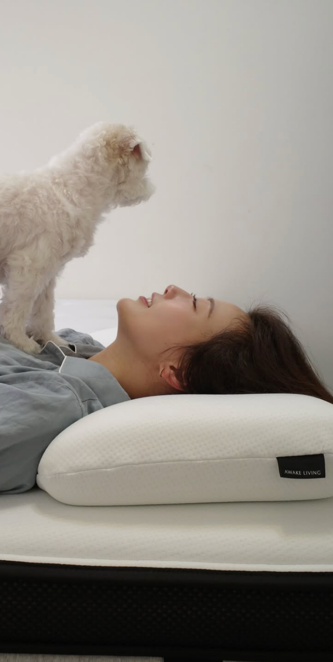 一位女性躺在 Awake Living 枕頭上，微笑地與站在她胸口上的小白狗互動。