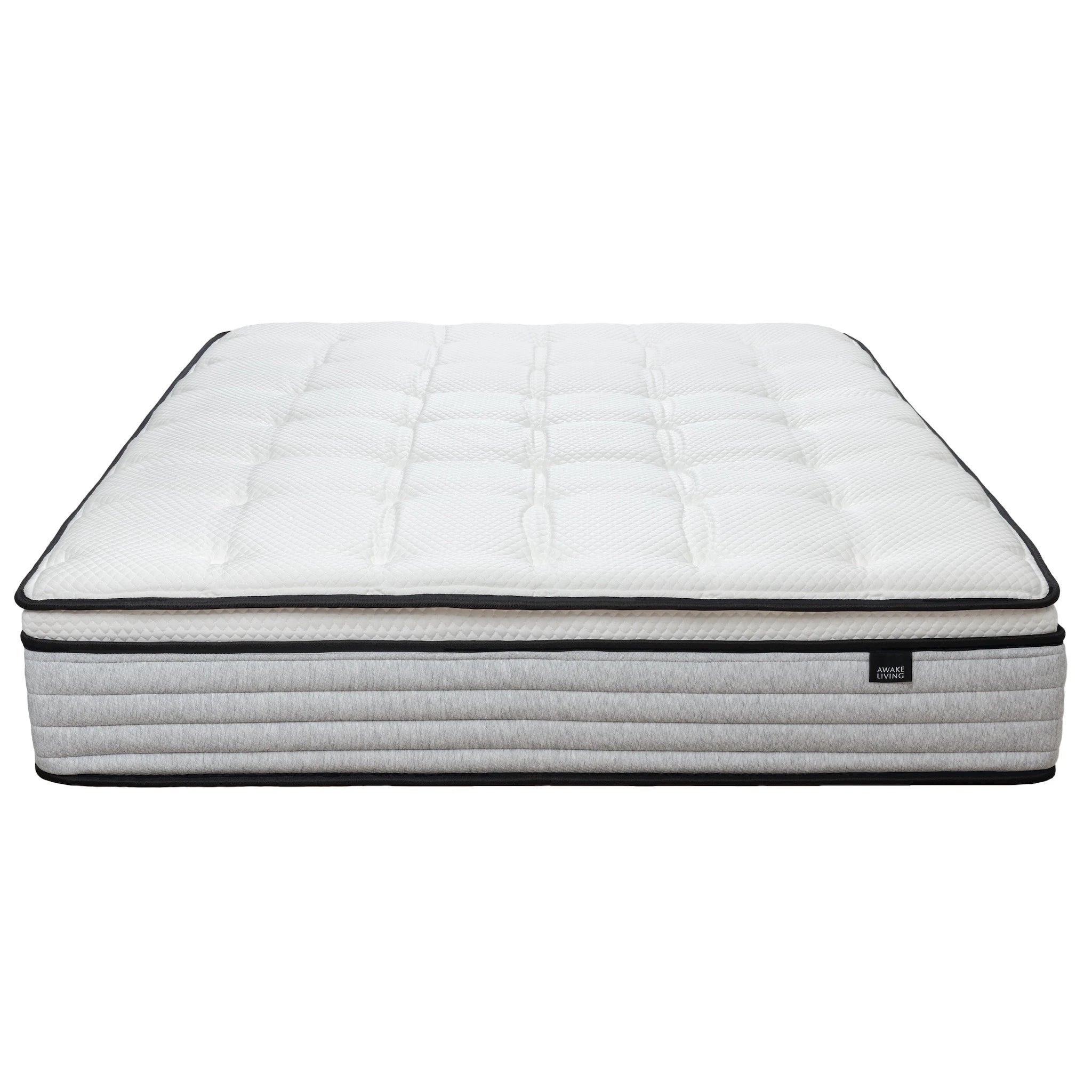 Deluxe AG 床墊的正面視圖，展示其 Pillow Top 設計與灰色橫紋床邊。