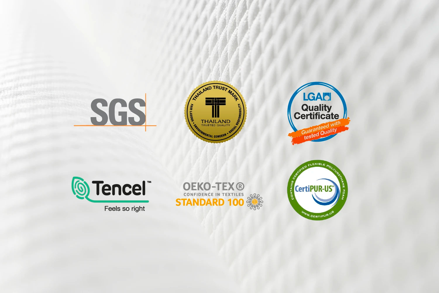 床墊表布背景的前方羅列多種通過的認證如：RoHS, OEKO-TEX® Standard 100, CertiPUR-US® & SGS。